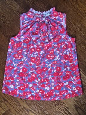 Womens Red Floral Sleeveless Ruffle Tank